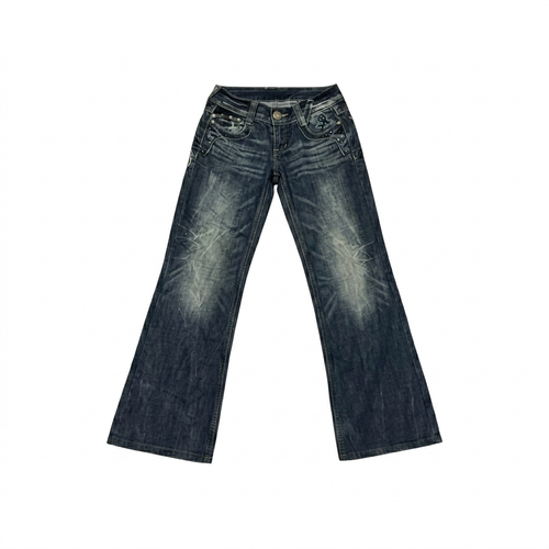 Butterfly embroidery flare jeans featuring dark wash denim, low-rise waist, and dramatic flare leg with butterfly embroidery.