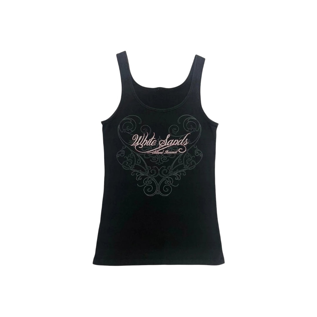 "White Sands" Y2K Graphic Black Tank Top featuring pink cursive text and grey filigree pattern.