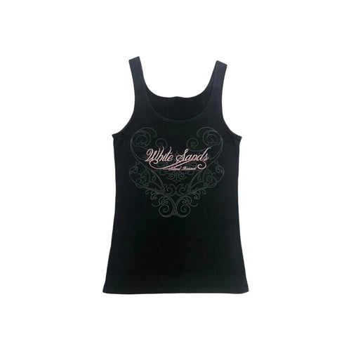"White Sands" Y2K Graphic Black Tank Top featuring pink cursive text and grey filigree pattern.