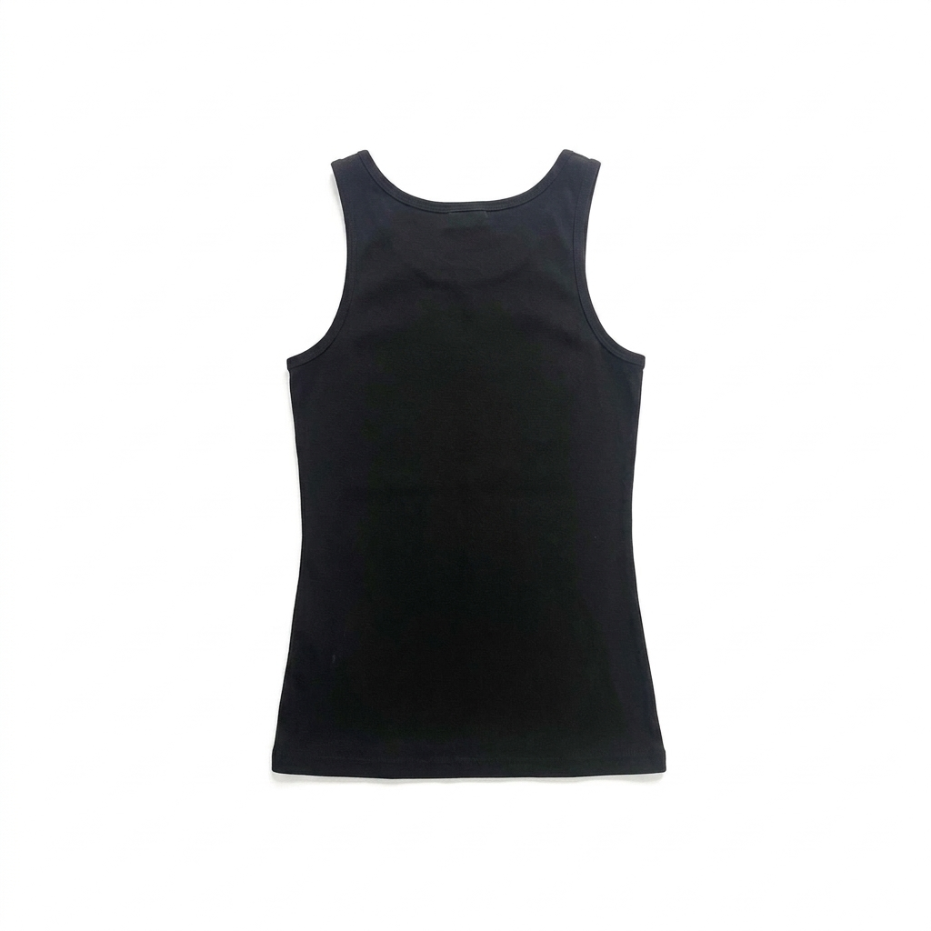 Back view of the "White Sands" Y2K Graphic Black Tank Top, showcasing its form-fitting style and black fabric.