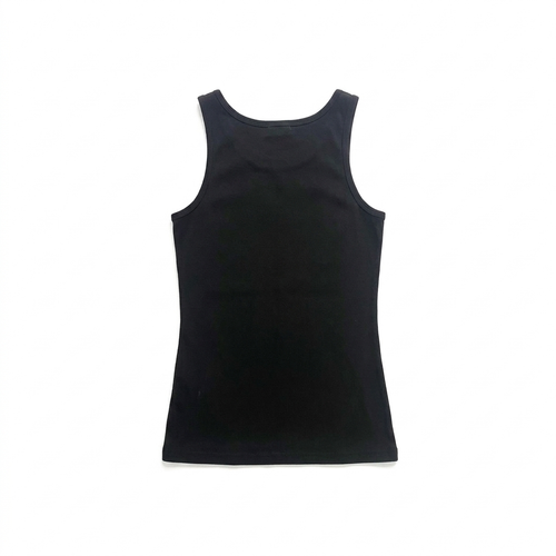 Back view of the "White Sands" Y2K Graphic Black Tank Top, showcasing its form-fitting style and black fabric.
