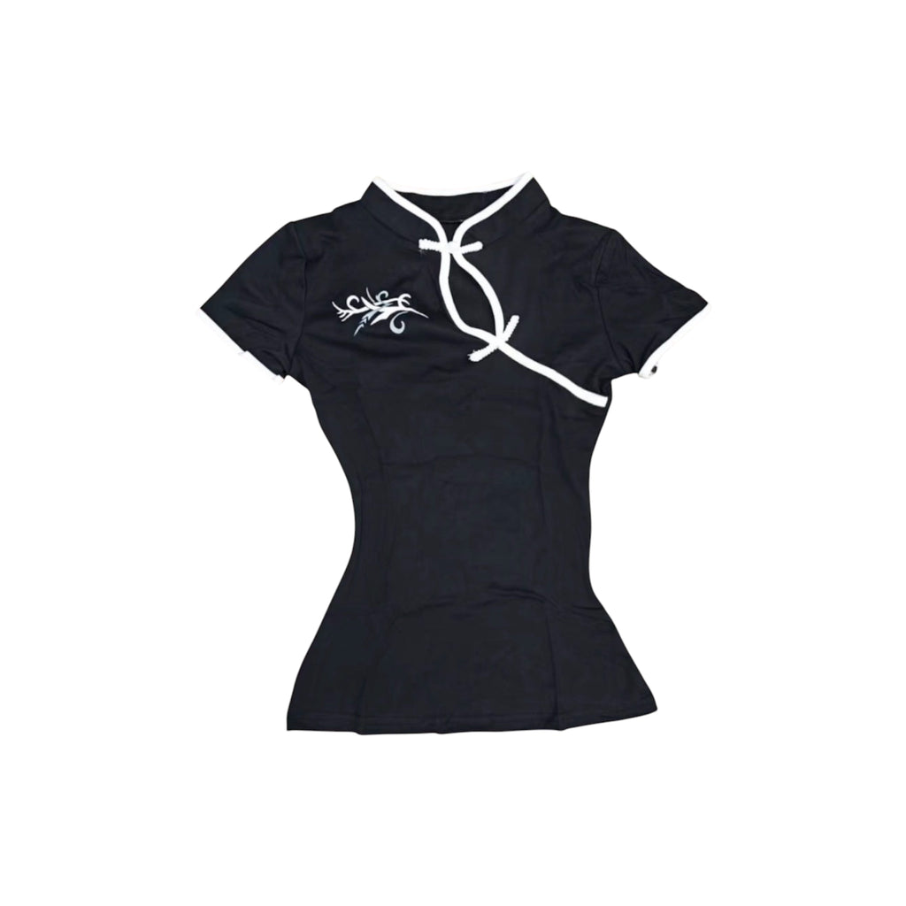 Oriental Crop Top – Black & White Tribal Dragon Mock Neck