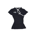 Oriental Crop Top – Black & White Tribal Dragon Mock Neck