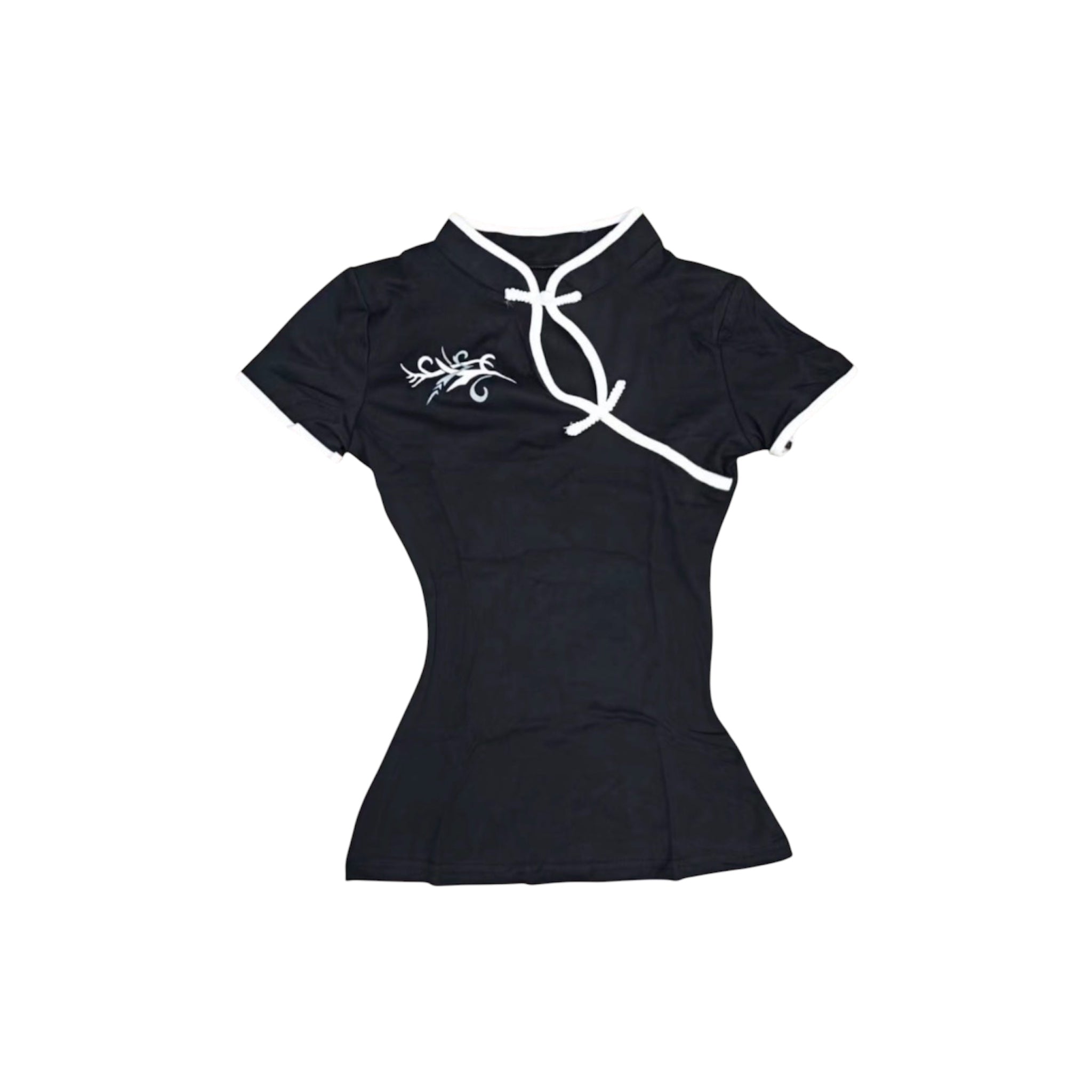 Oriental Crop Top – Black & White Tribal Dragon Mock Neck