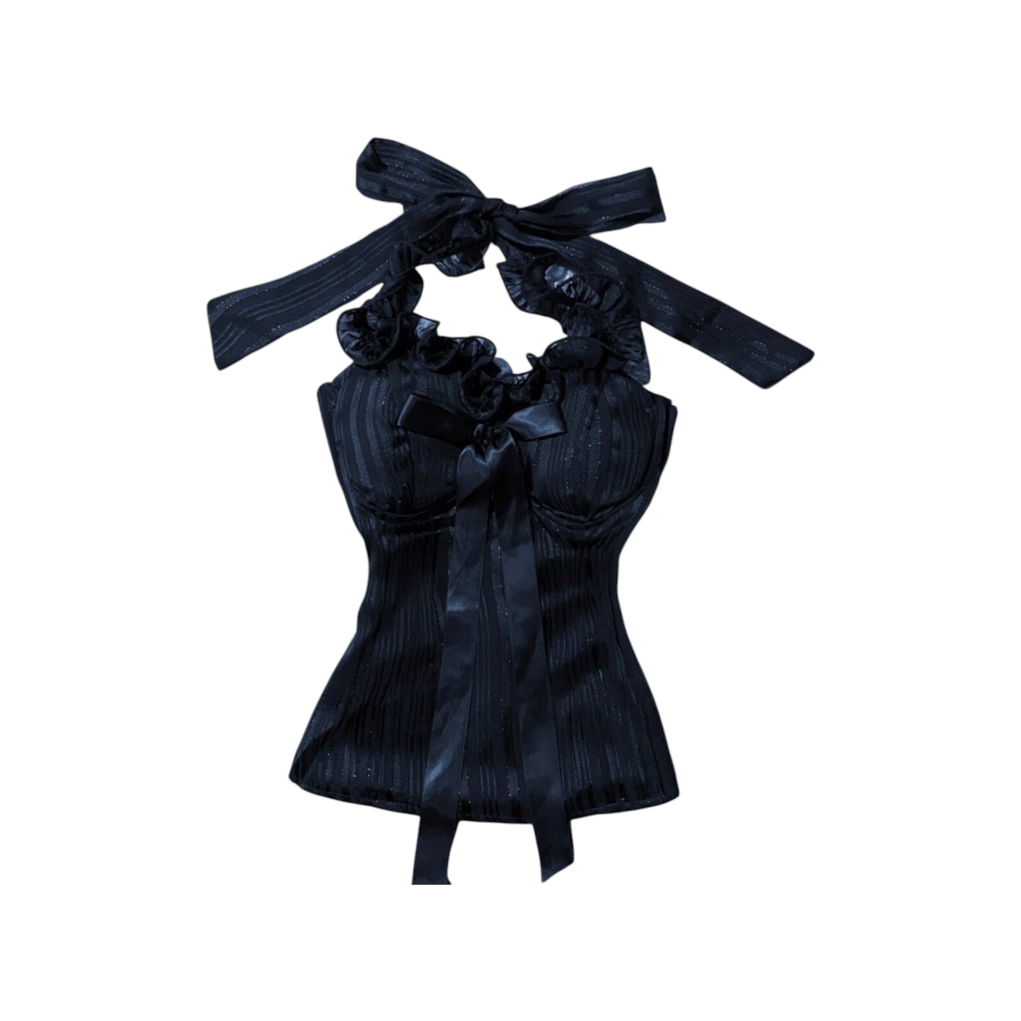Vintage Coquette Corset Top with Ruffles and Bows in black featuring a halter neck and ribbon ties.