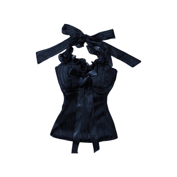 Vintage Coquette Corset Top with Ruffles and Bows in black featuring a halter neck and ribbon ties.