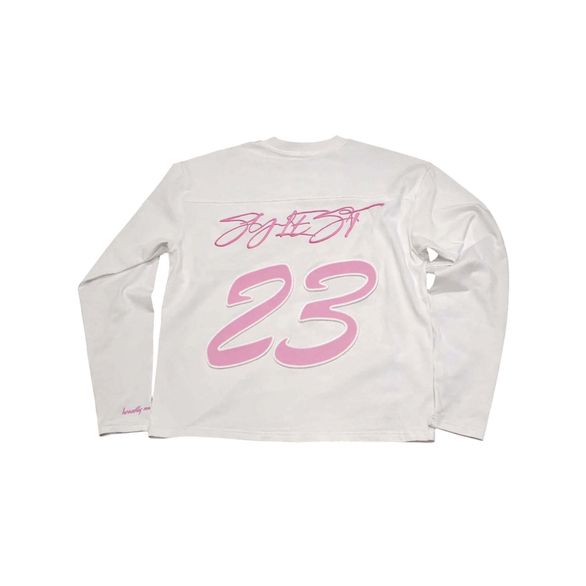Oversized streetwear long sleeve tee featuring bold pink "23" puff print on back, perfect for Y2K aesthetic.