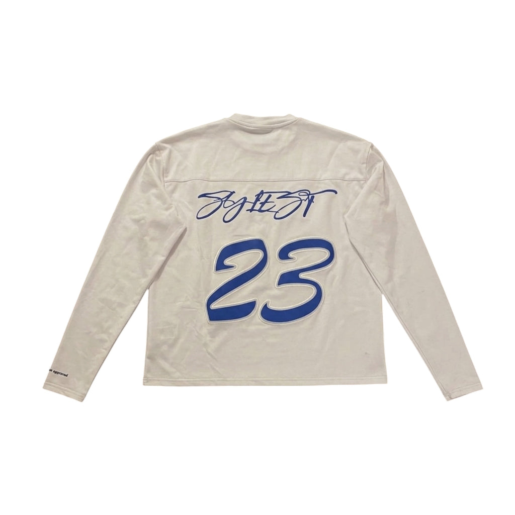 Oversized streetwear long sleeve tee with puff print design and large '23' on the back.