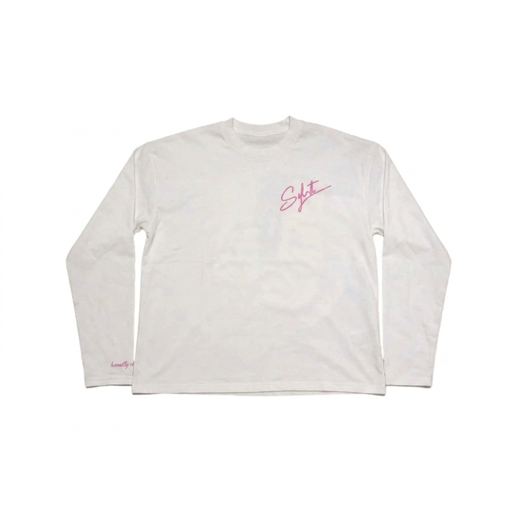 Oversized streetwear long sleeve tee with pink graphic design on white fabric, ideal for casual urban fashion.