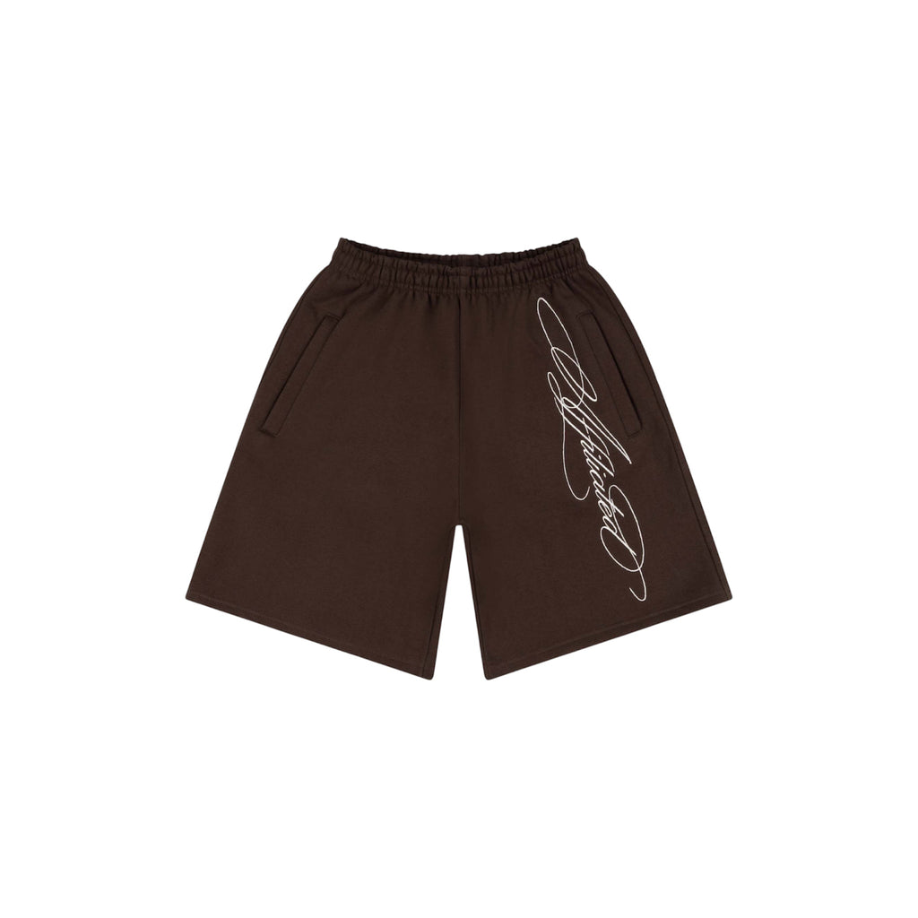 Oversized streetwear shorts in brown with stylized cursive signature design on the side.