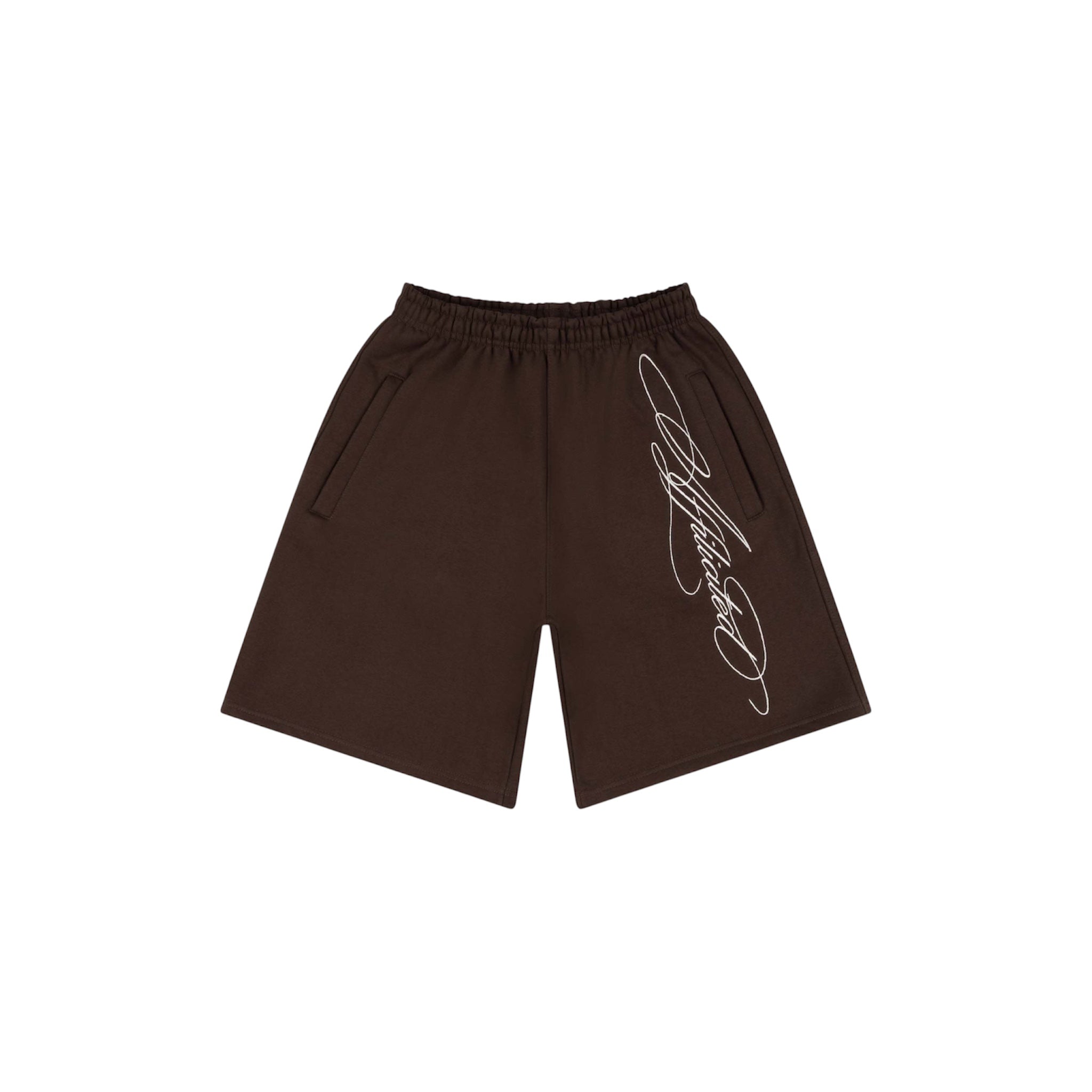 Oversized streetwear shorts in brown with stylized cursive signature design on the side.