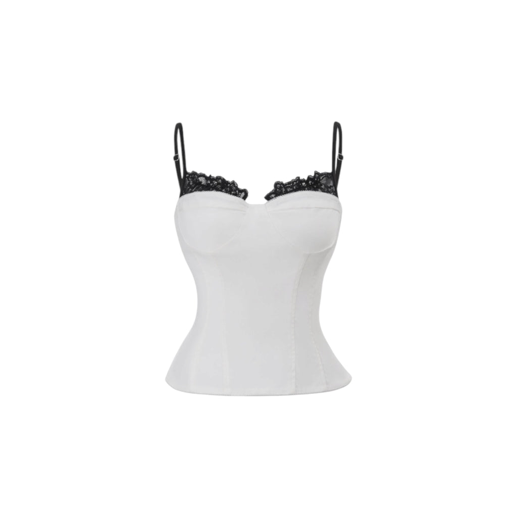 Contrast lace corset cami top with back lace-up, featuring a white bodice and black floral lace detailing.