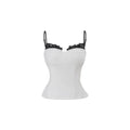 Contrast lace corset cami top with back lace-up, featuring a white bodice and black floral lace detailing.