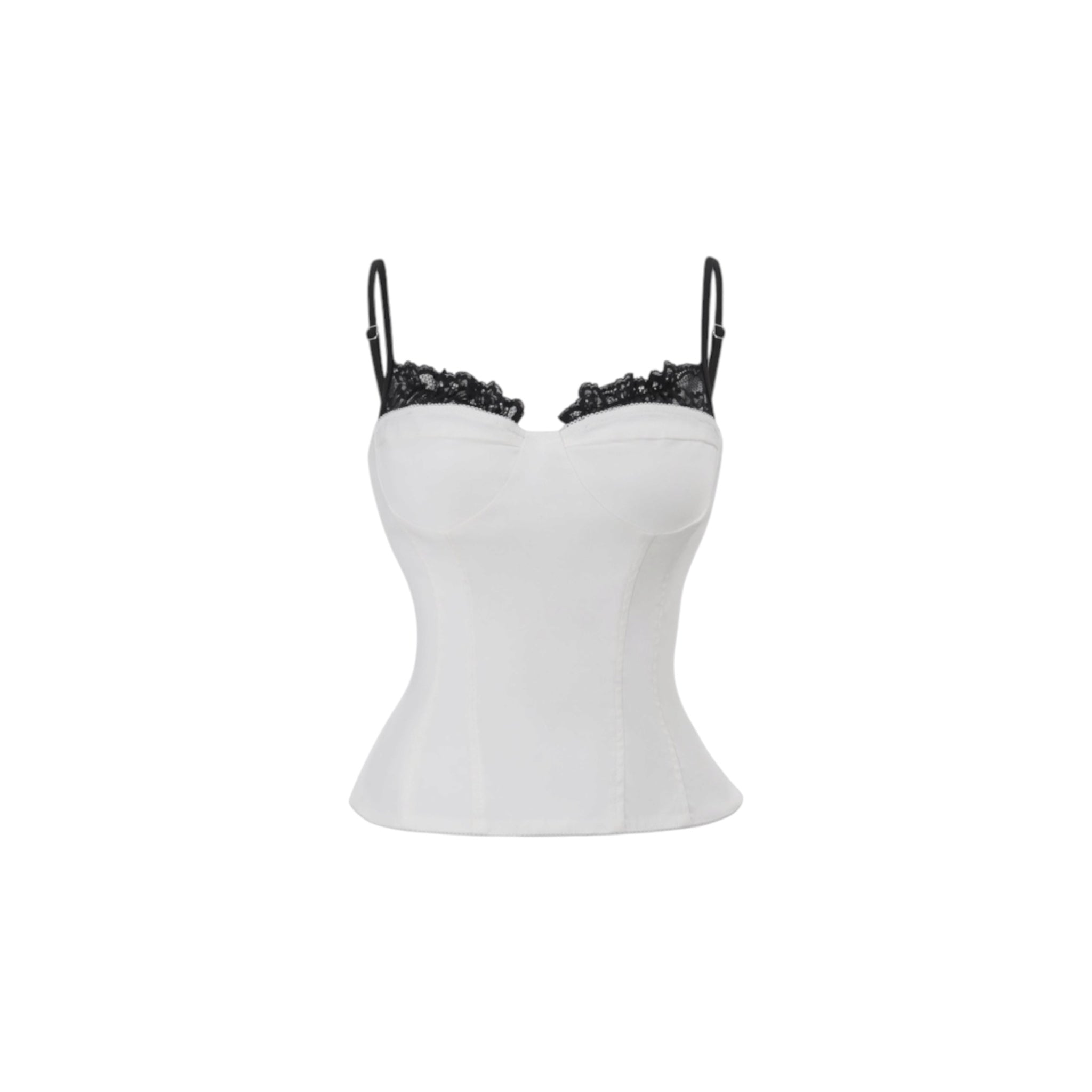 Contrast lace corset cami top with back lace-up, featuring a white bodice and black floral lace detailing.