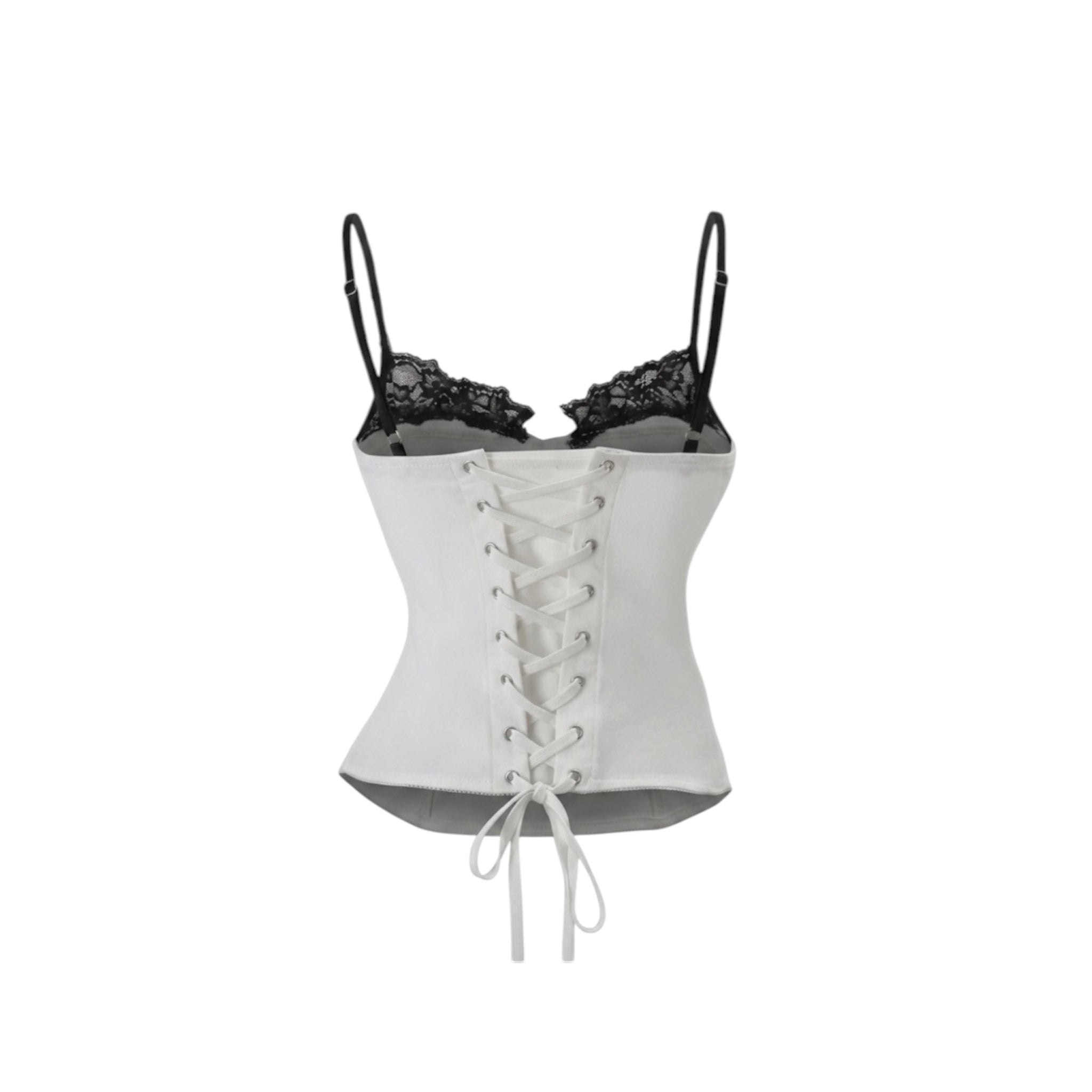 lace corset cami top in white with black lace trim and back lace-up design, perfect for a seductive look.