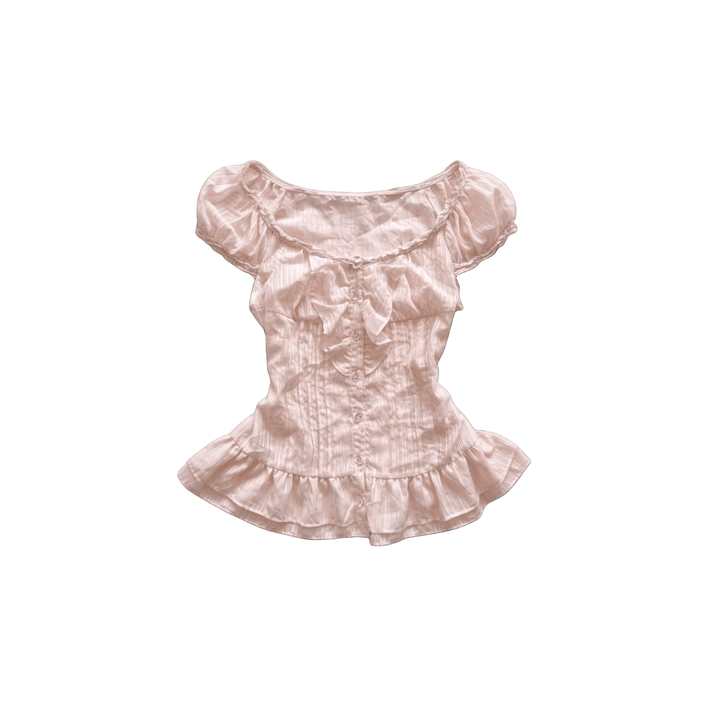 Pastel pink ruffle blouse vintage Pastel pink ruffle blouse vintage This light pink pinstripe peplum top features a wide scoop neckline with delicate lace trim, a functional button-down front, and a charming ruffle detail at the bust. Designed with short