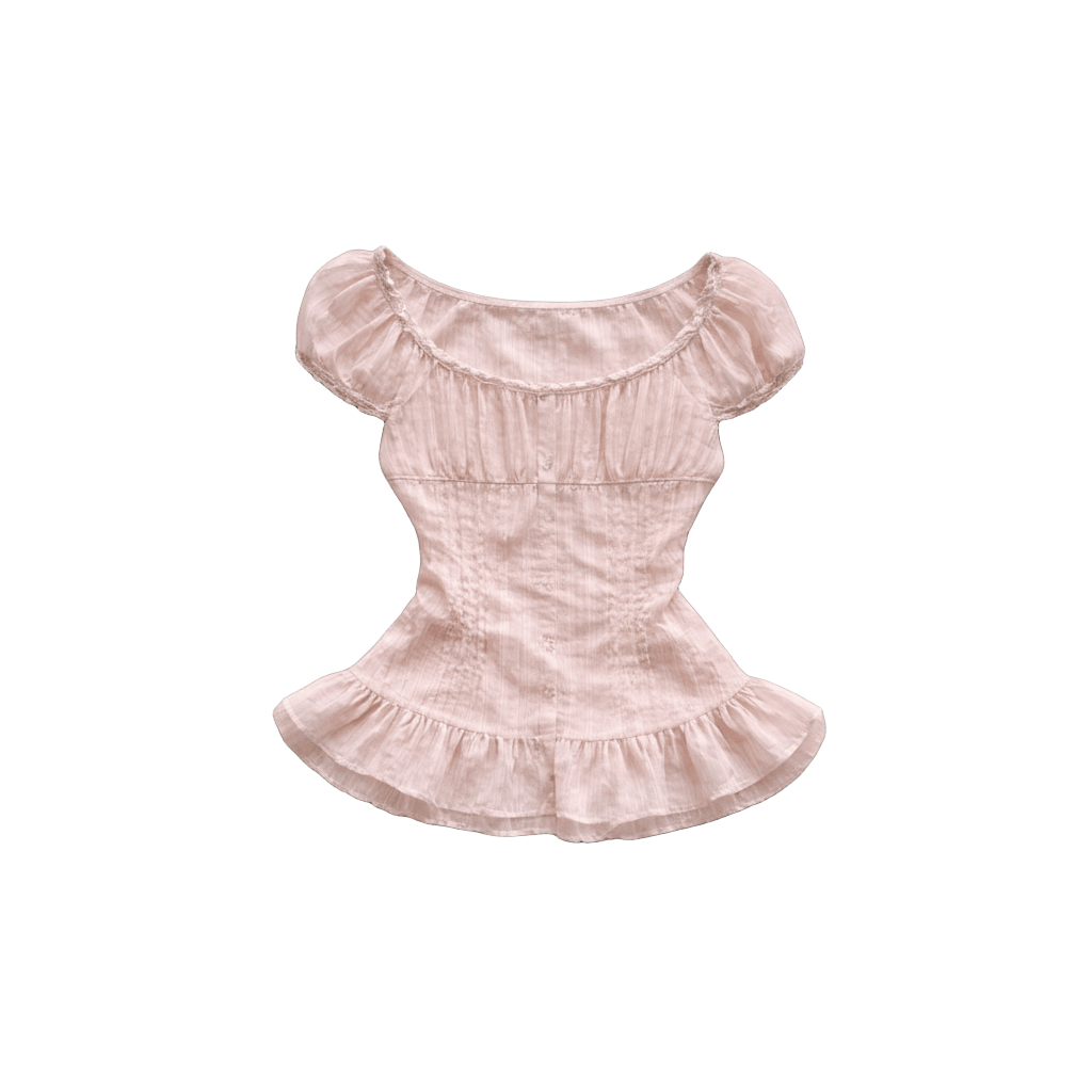 Pastel pink ruffle blouse vintage Pastel pink ruffle blouse vintage This light pink pinstripe peplum top features a wide scoop neckline with delicate lace trim, a functional button-down front, and a charming ruffle detail at the bust. Designed with short