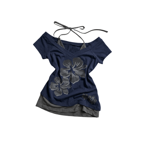 Two-Piece Top Layered Navy & Grey Off-Shoulder Tee Step out in style with our Two-Piece Top Layered Navy & Grey Off-Shoulder Tee , featuring a chic asymmetrical hem and elegant layered design.