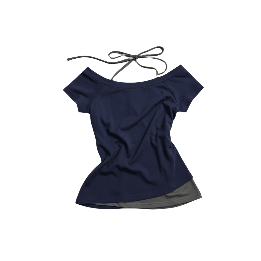 Two-Piece Top Layered Navy & Grey Off-Shoulder Tee Step out in style with our Two-Piece Top Layered Navy & Grey Off-Shoulder Tee , featuring a chic asymmetrical hem and elegant layered design.