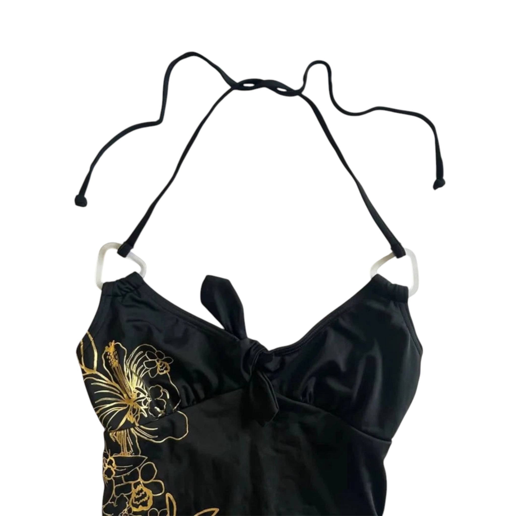 Y2k backless floral cami - Black & Gold showing a black halter top with a gold floral print and tie detailing.