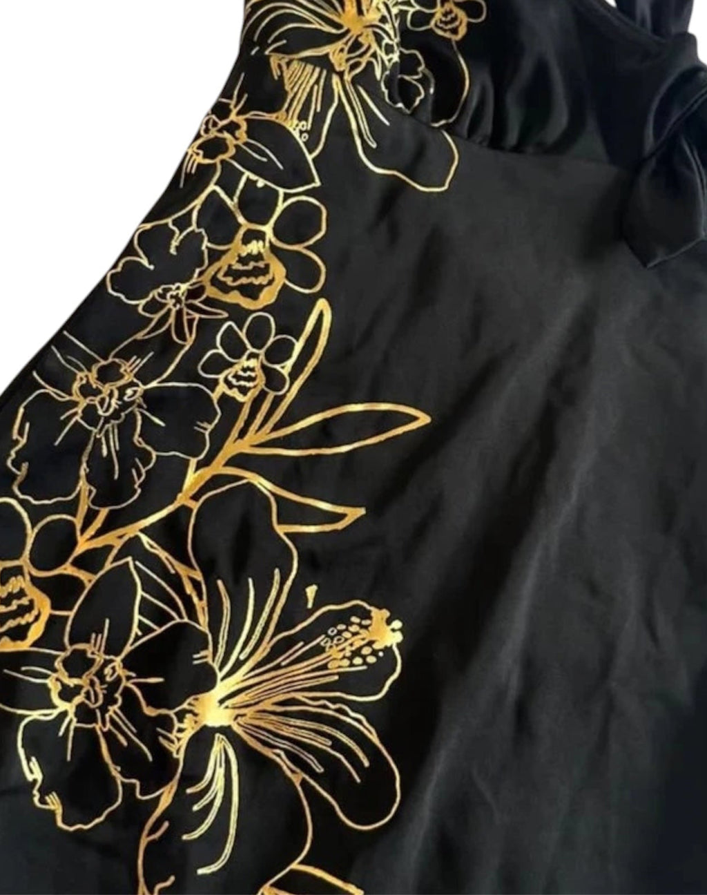 Y2k backless floral cami - Black & Gold design showcasing metallic floral print on a black background.