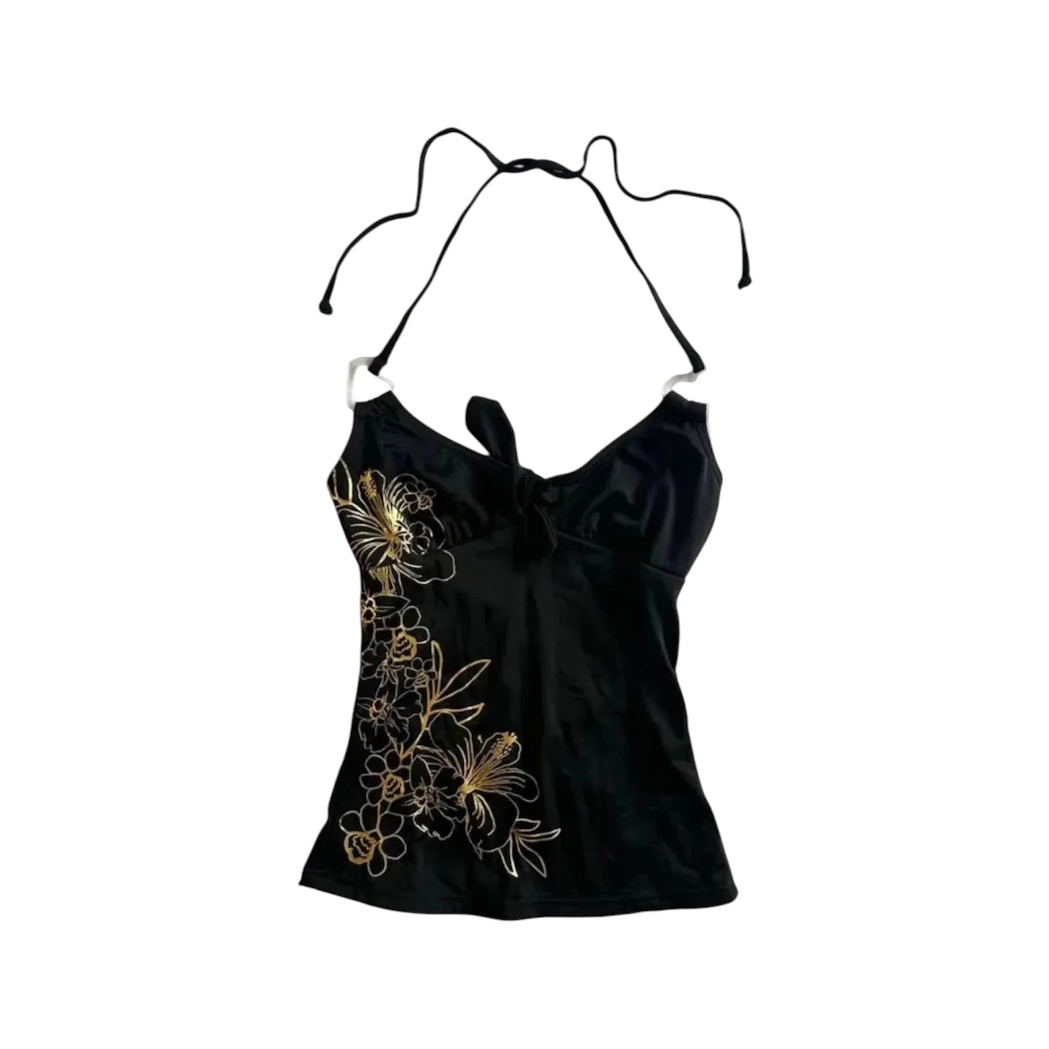 Y2k Backless Floral cami - Black & Gold with metallic floral print, halter neck style.