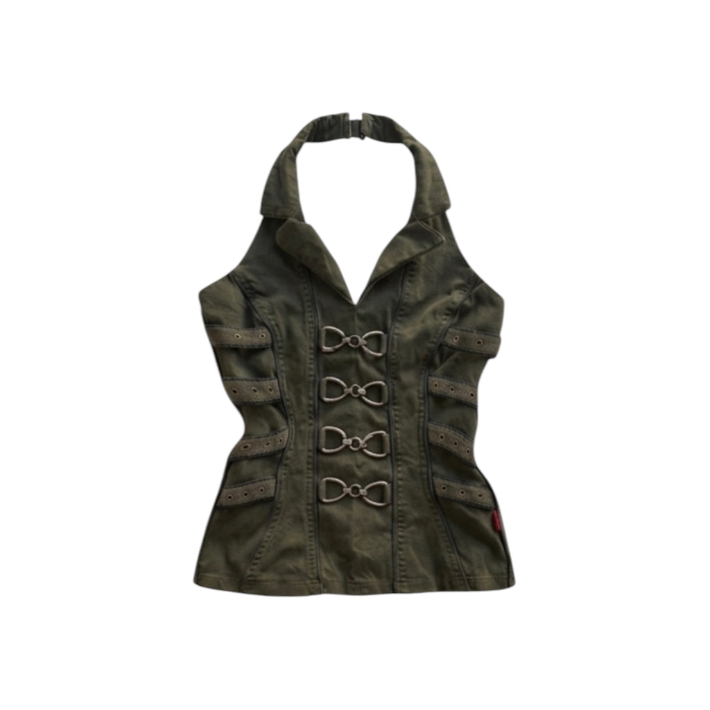 Military halter top in green with a sharp collar, plunging neckline, and metallic buckle hardware.