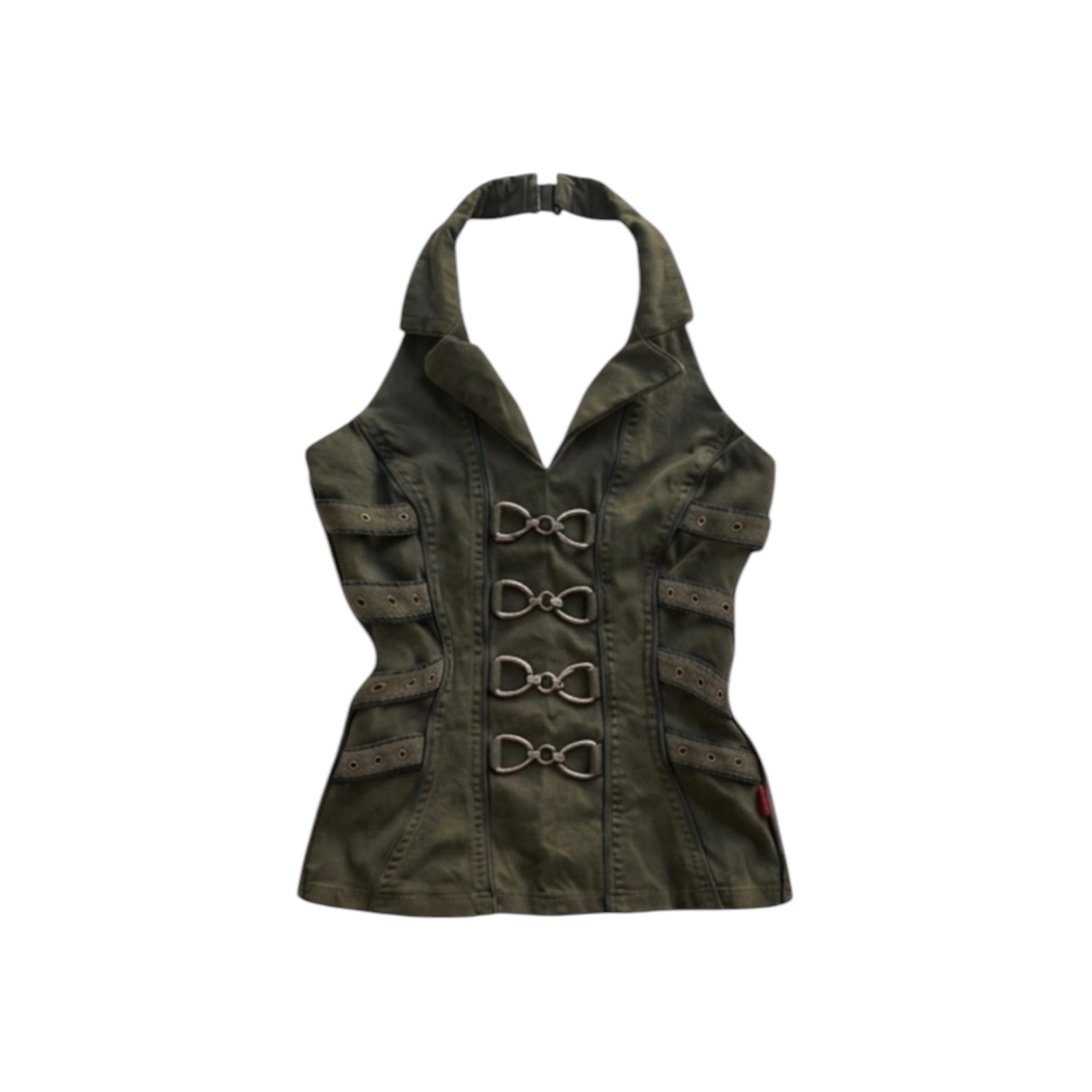 Military halter top in green with a sharp collar, plunging neckline, and metallic buckle hardware.