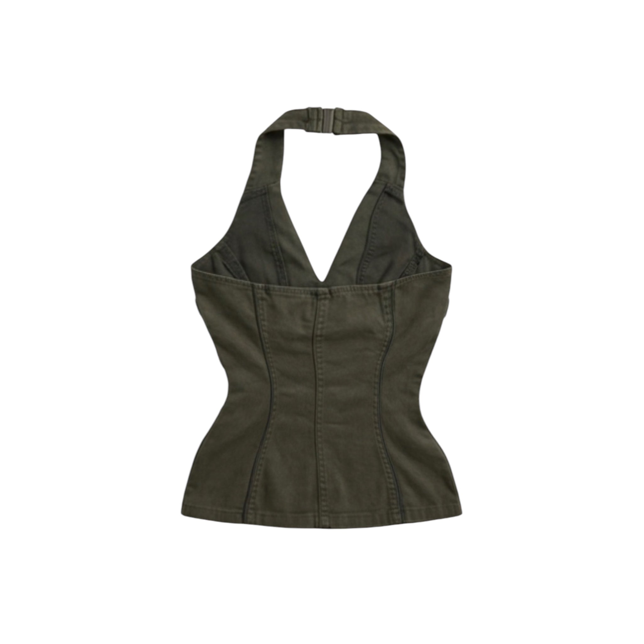 Military halter top style green featuring a plunging neckline and sharp collar in solid olive green.