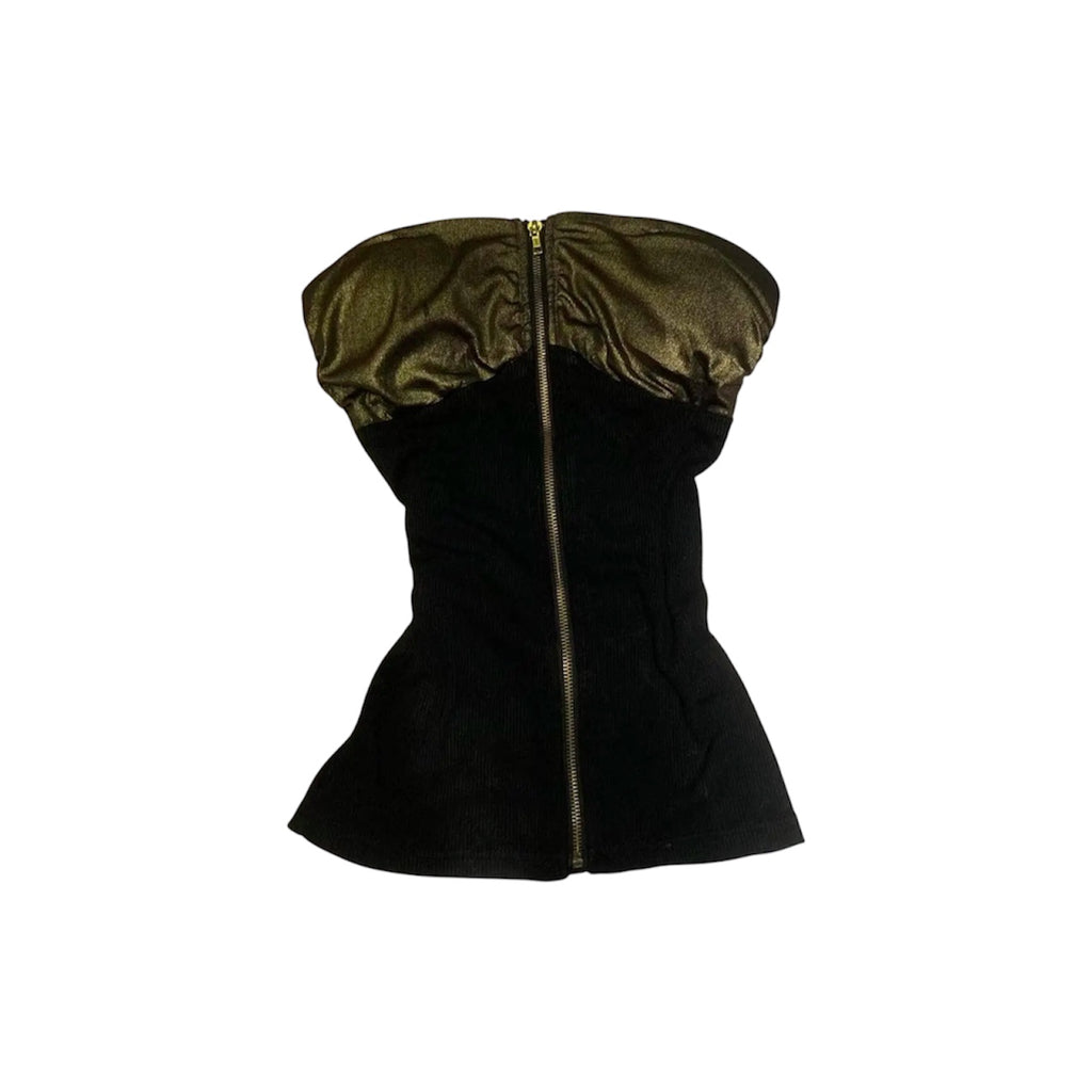 Vintage patchwork tank top featuring a black body and metallic gold accents, perfect for edgy summer outfits.
