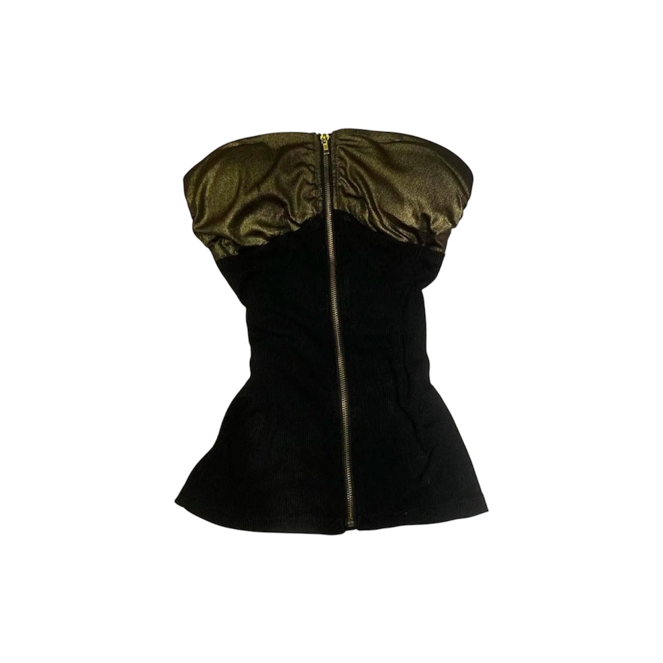 Vintage patchwork tank top featuring a black body and metallic gold accents, perfect for edgy summer outfits.