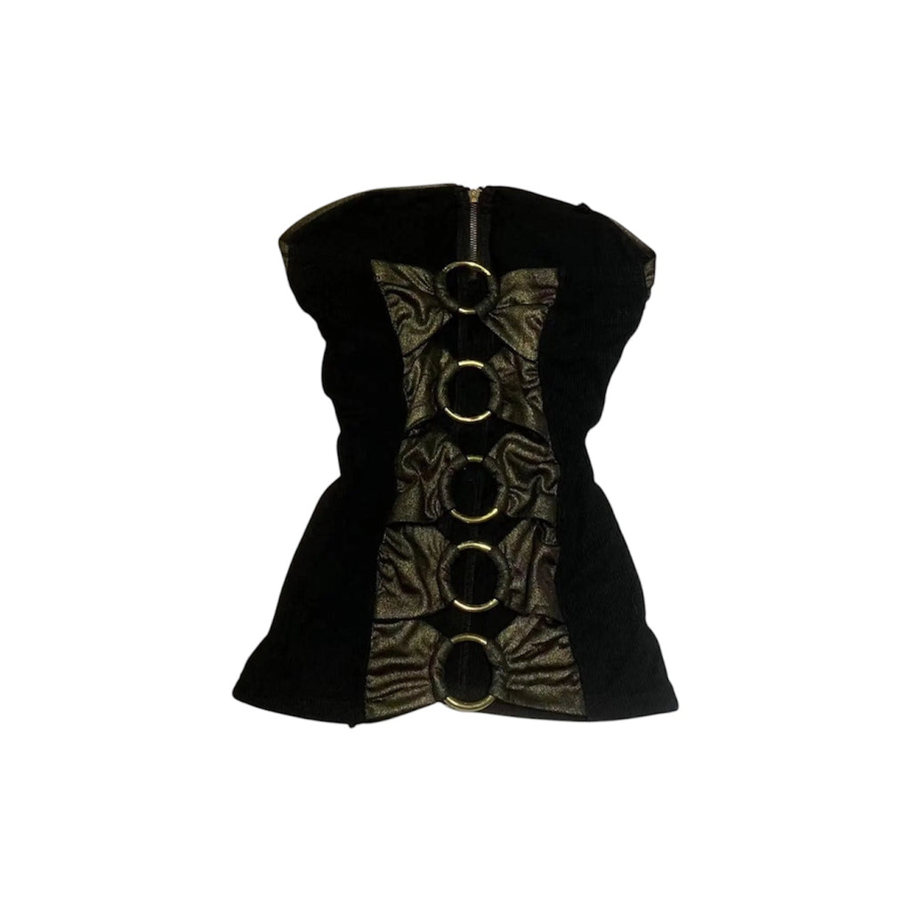Vintage patchwork tank top style featuring a unique patchwork design with metallic accents and statement rings.