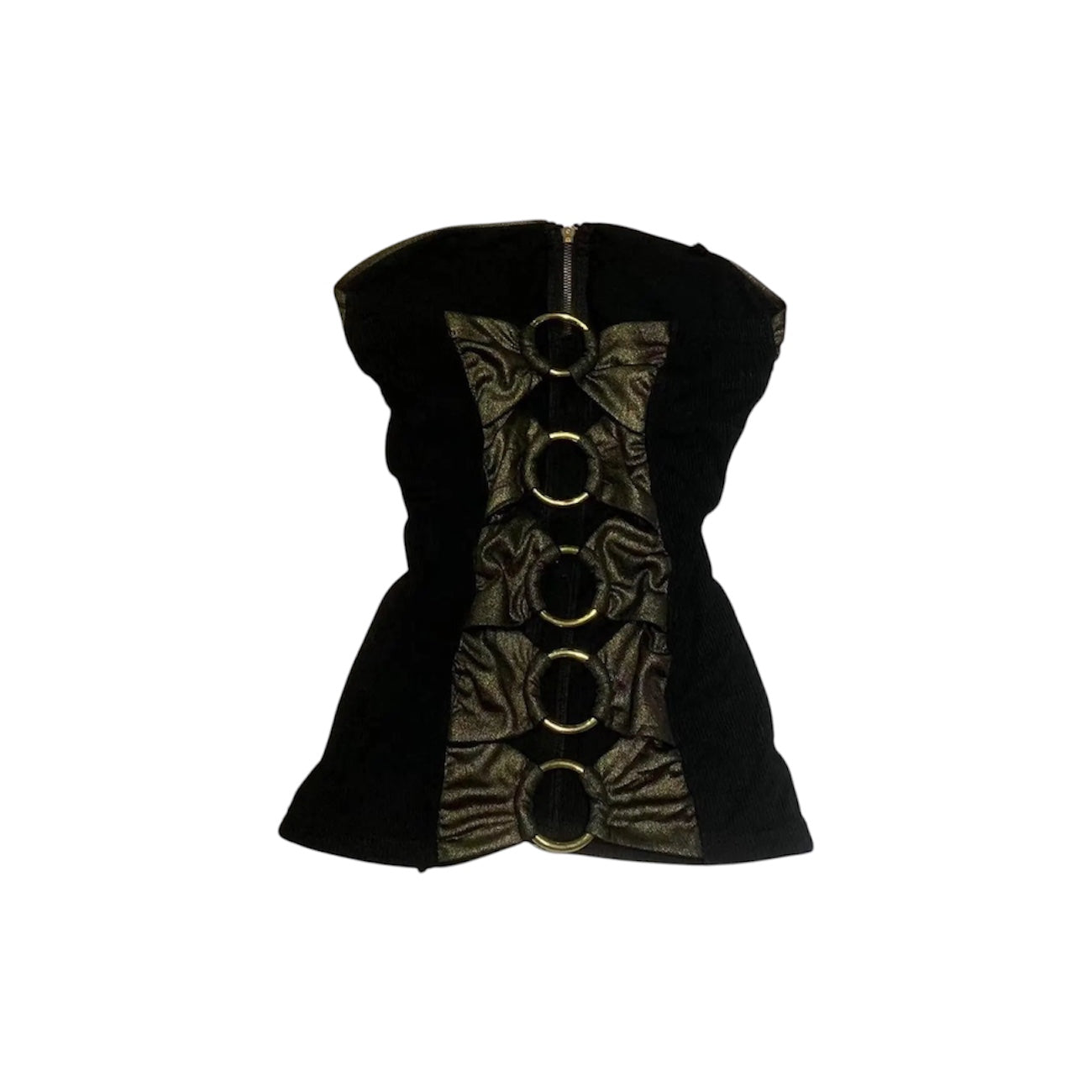 Vintage patchwork tank top style featuring a unique patchwork design with metallic accents and statement rings.