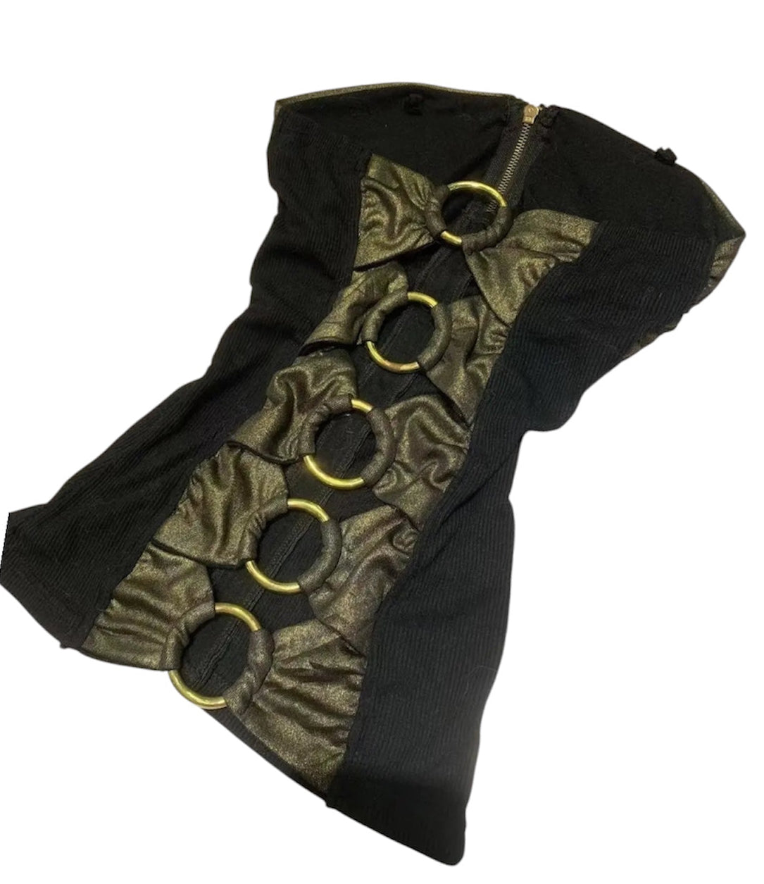 Vintage Patchwork Tank Top style featuring black and gold patchwork design with circular accents and zipper detail.