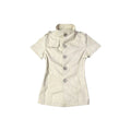 cream button-front short sleeve jacket with high-neck collar and buttons, perfect for summer fashion.