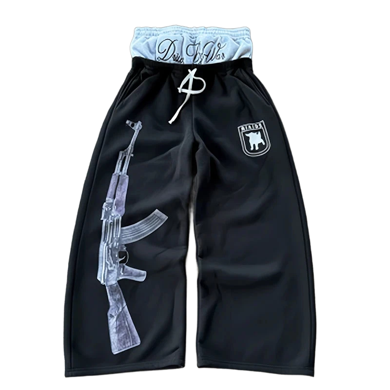 High-Waist Printed & Embroidered Streetwear Pants