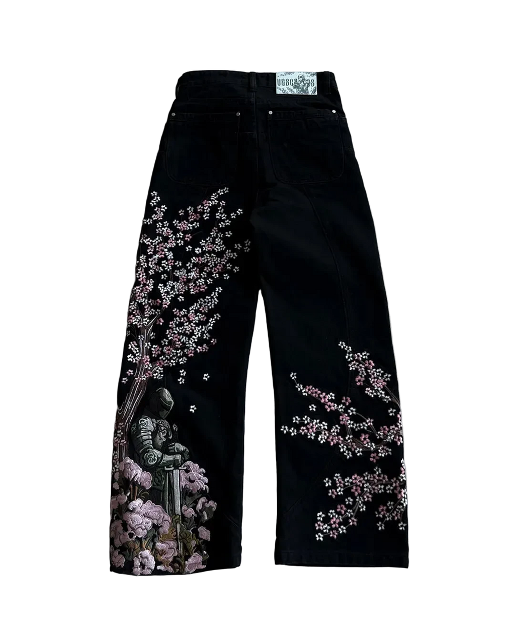 Black Embroidered Jeans with Sakura Flowers & Knight Print