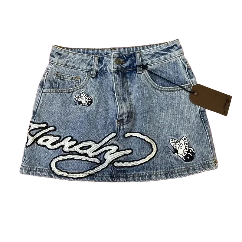 Gonna denim blu chiaro Ed Hardy ricamo