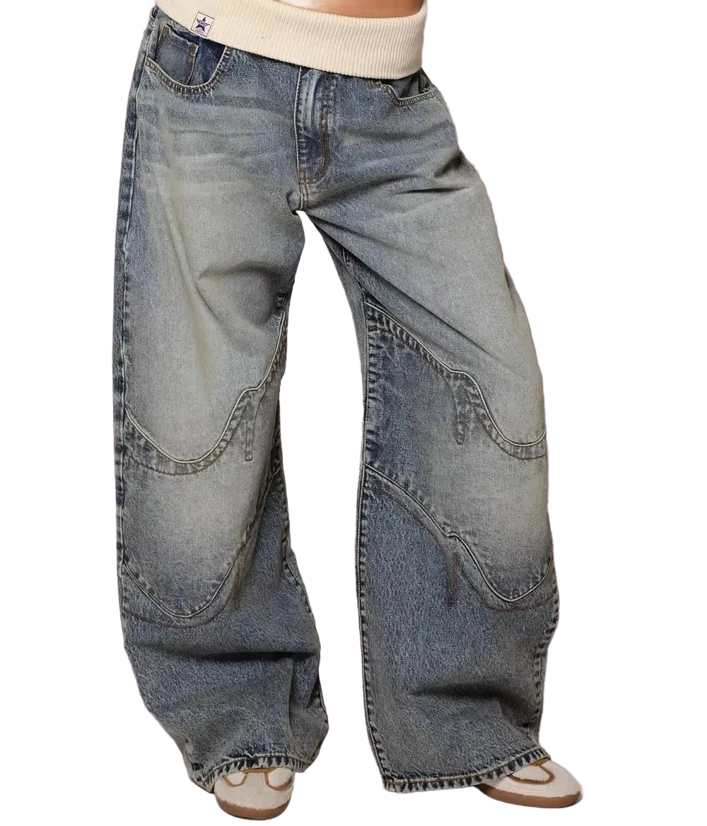 Jeans baggy in denim blu con fascia elastica
