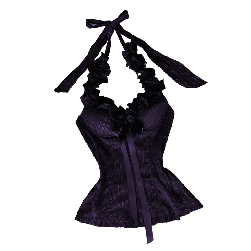 Vintage Halter Corset Top – Gothic Y2K Slim Fit Lace-Up Neck Bustier