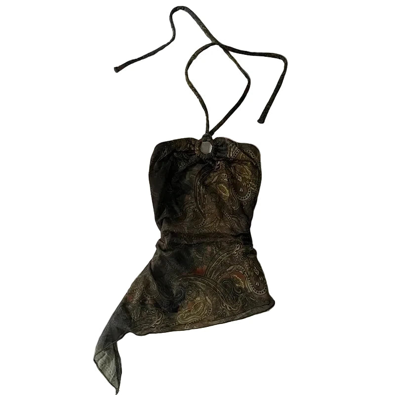 Vintage floral chiffon halter top with dark paisley pattern and asymmetrical hem.