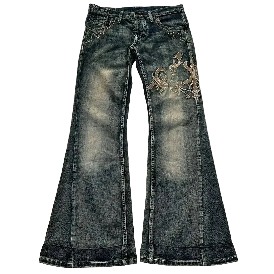 Y2K Flare Embroidered Jeans – Low Rise Extra Wide (Black / Blue Chain)