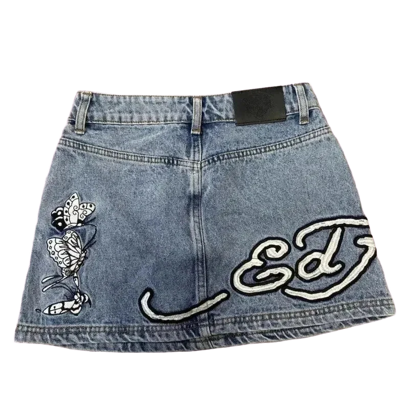 Gonna denim blu chiaro Ed Hardy ricamo