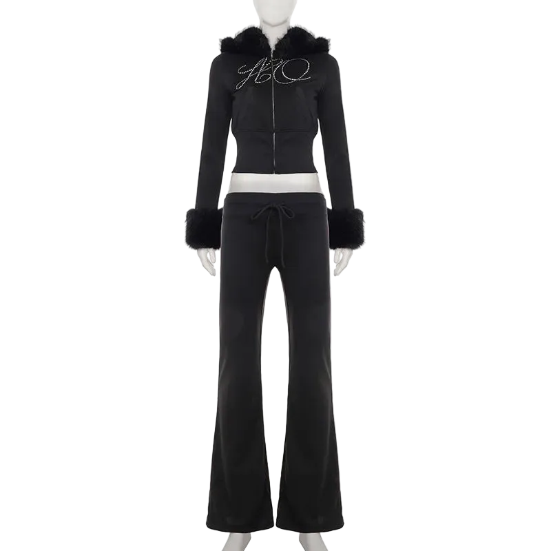 Y2K Velvet Flare Tracksuit Set – Faux Fur Zip Hoodie & Low Rise Pants (Black)