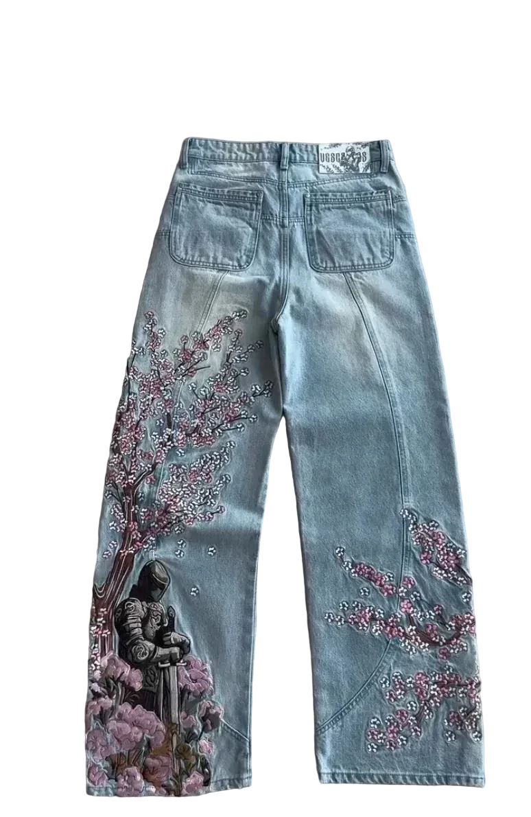 Black Embroidered Jeans with Sakura Flowers & Knight Print