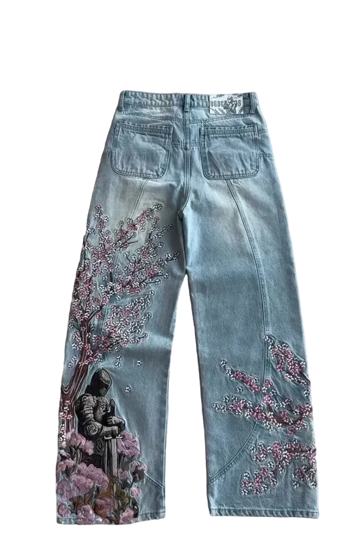 Black Embroidered Jeans with Sakura Flowers & Knight Print