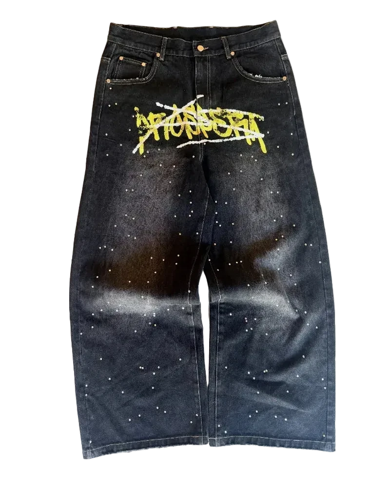 Graffiti Wide Leg Jeans with Rhinestone Details