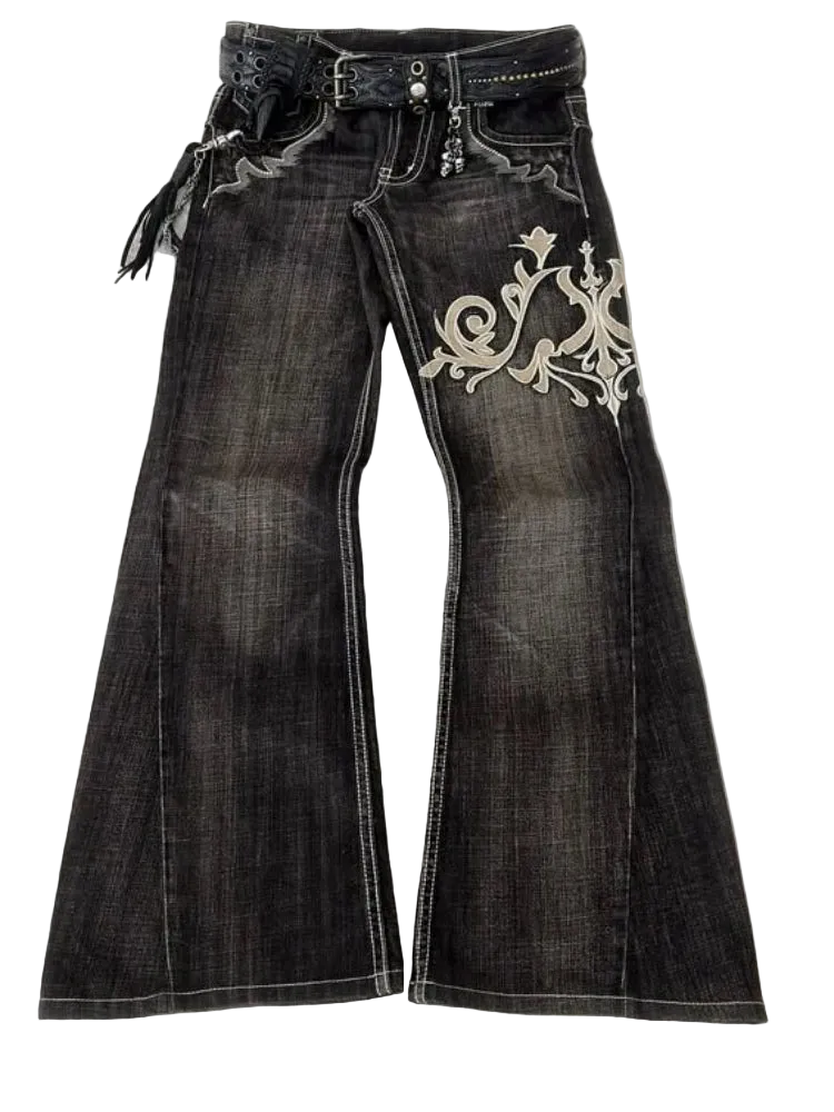 Y2K Flare Embroidered Jeans – Low Rise Extra Wide (Black / Blue Chain)