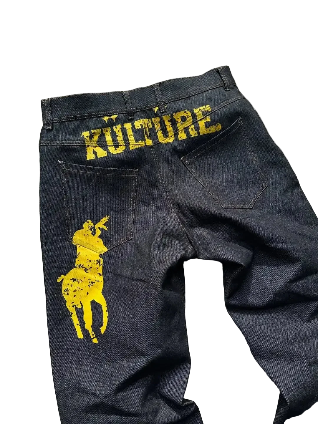 KULTURE" Dark Wash Denim Jeans – Distressed Yellow Polo Graphic