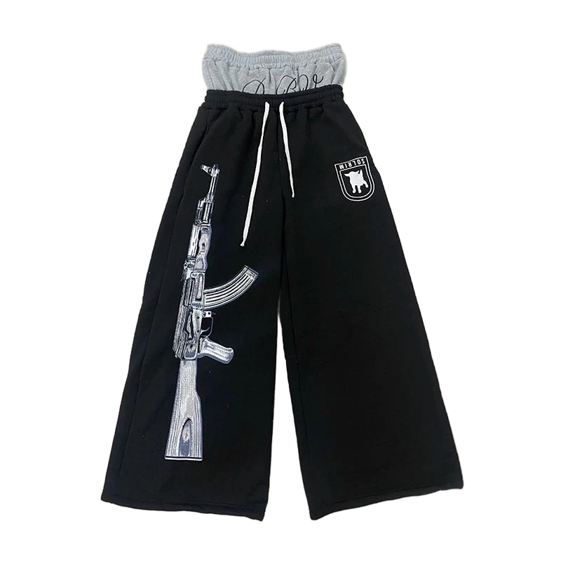 High-Waist Printed & Embroidered Streetwear Pants